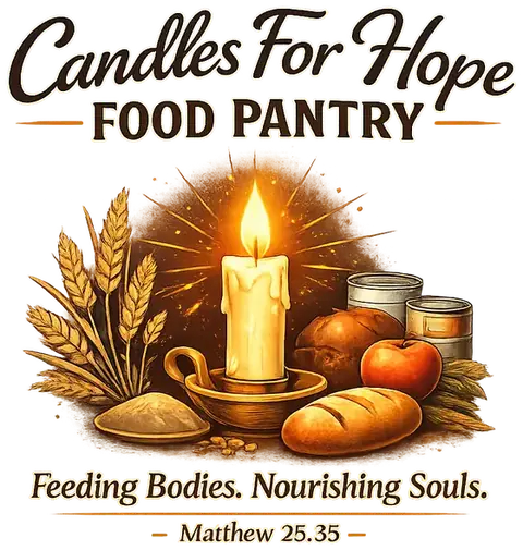 Candles for Hope Food Pantry emblem — a lit candle surrounded by bread, wheat and canned goods